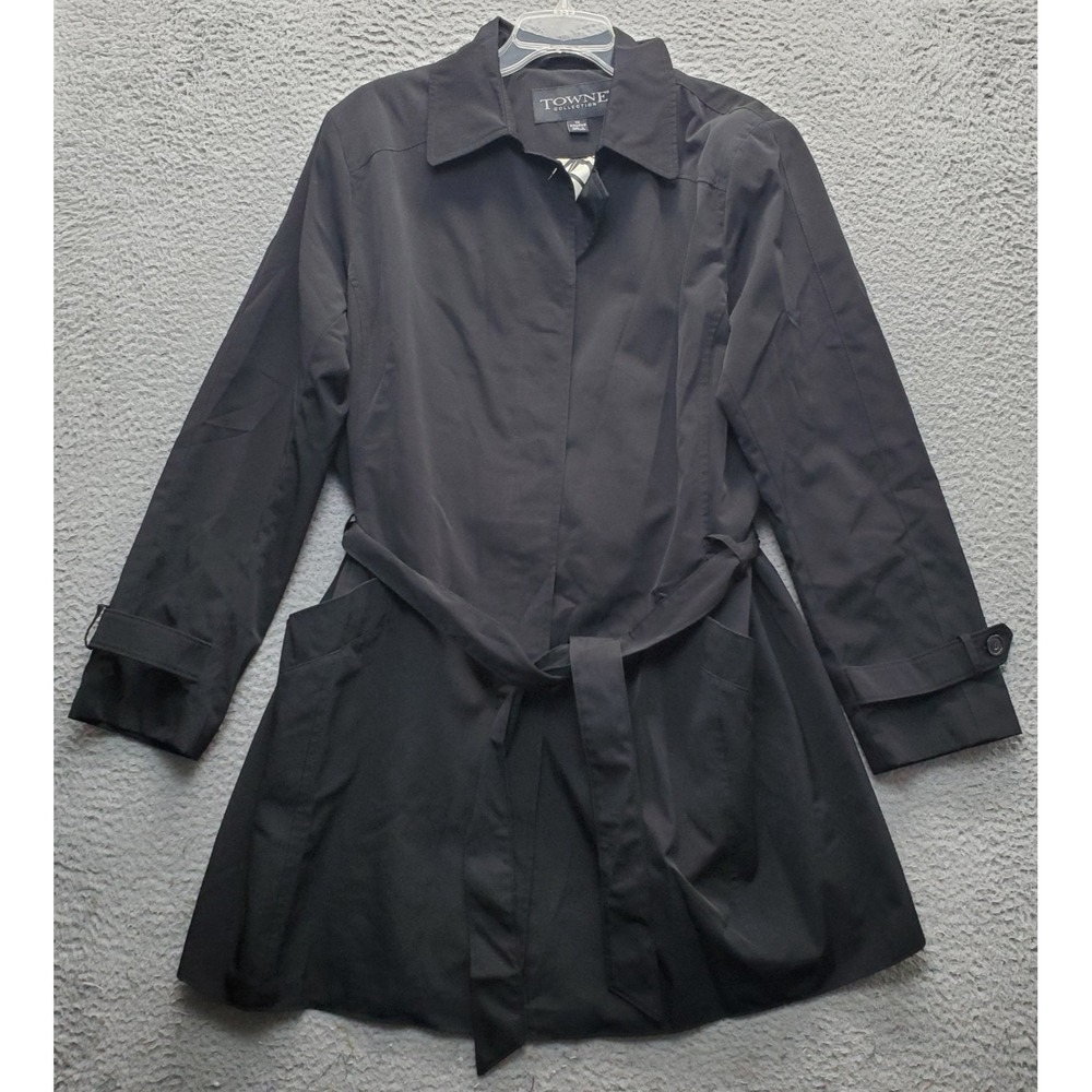 Towne Rain Trench Coat Womens 1X Black Floral Lined Belted Waist Button Front